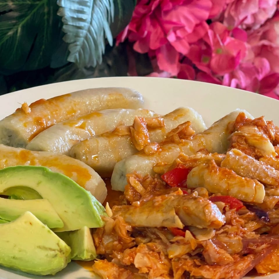 Plate of tamales, saucy shredded meat, fried toppings, and avocado slices against a colorful floral backdrop.