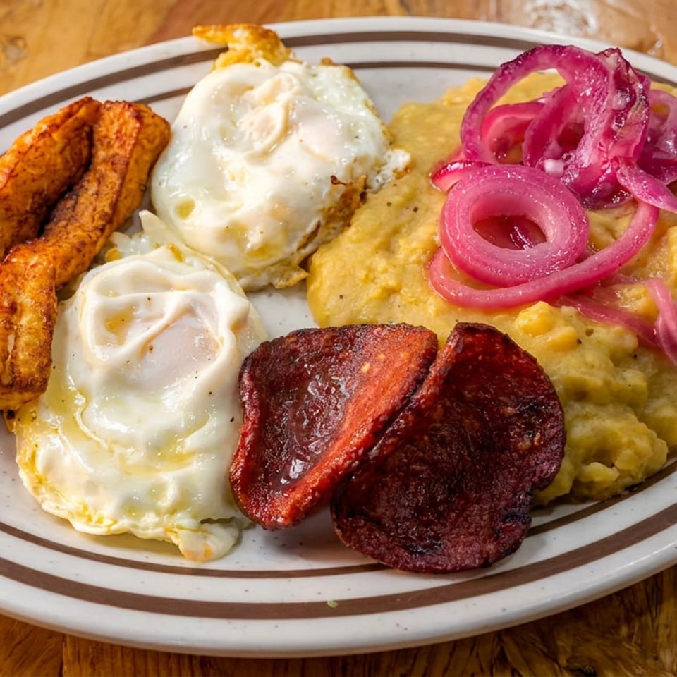 Hearty breakfast plate with fried eggs, crispy plantains, mashed potatoes, grilled sausage, and pickled red onions on a wooden table.